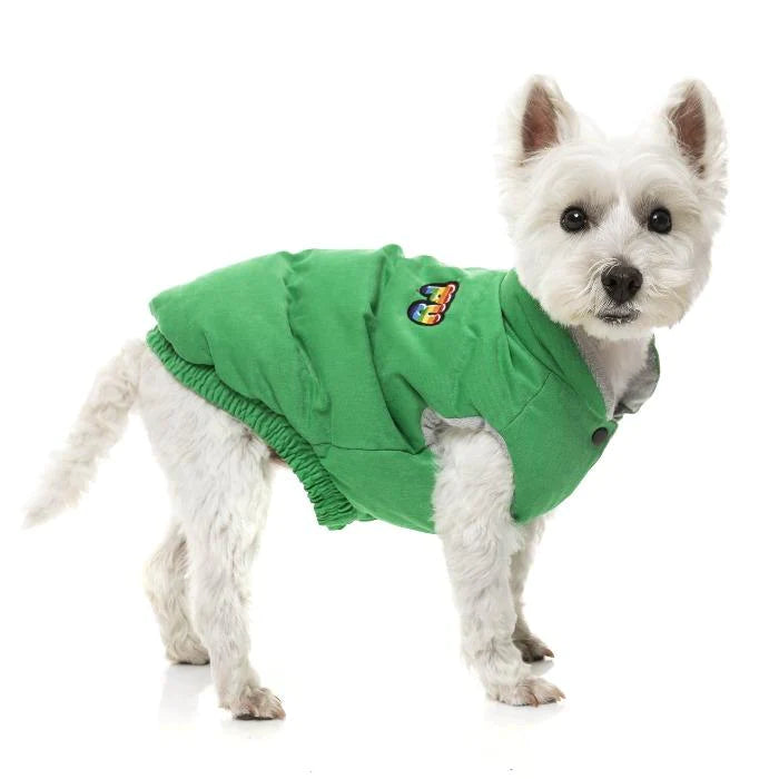 “Ashbury Green Puffer Jacket: Retro Vintage Style for Your Pup”